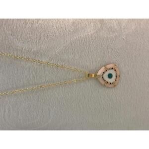 Gold Tone Evil Eye Pendant Necklace with Pink and Turquoise Accents